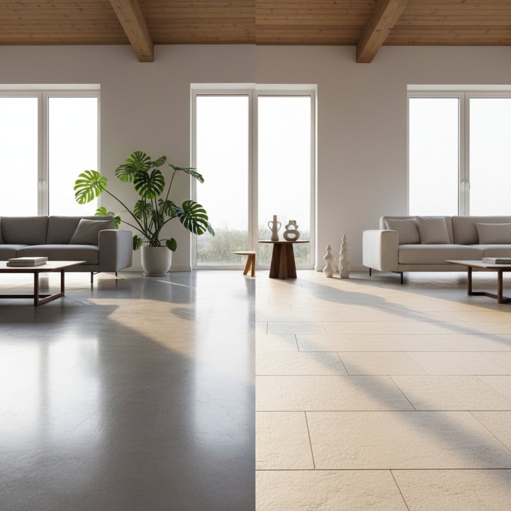 Polished concrete and traditional tile flooring comparison in modern Singapore ground floor interior
